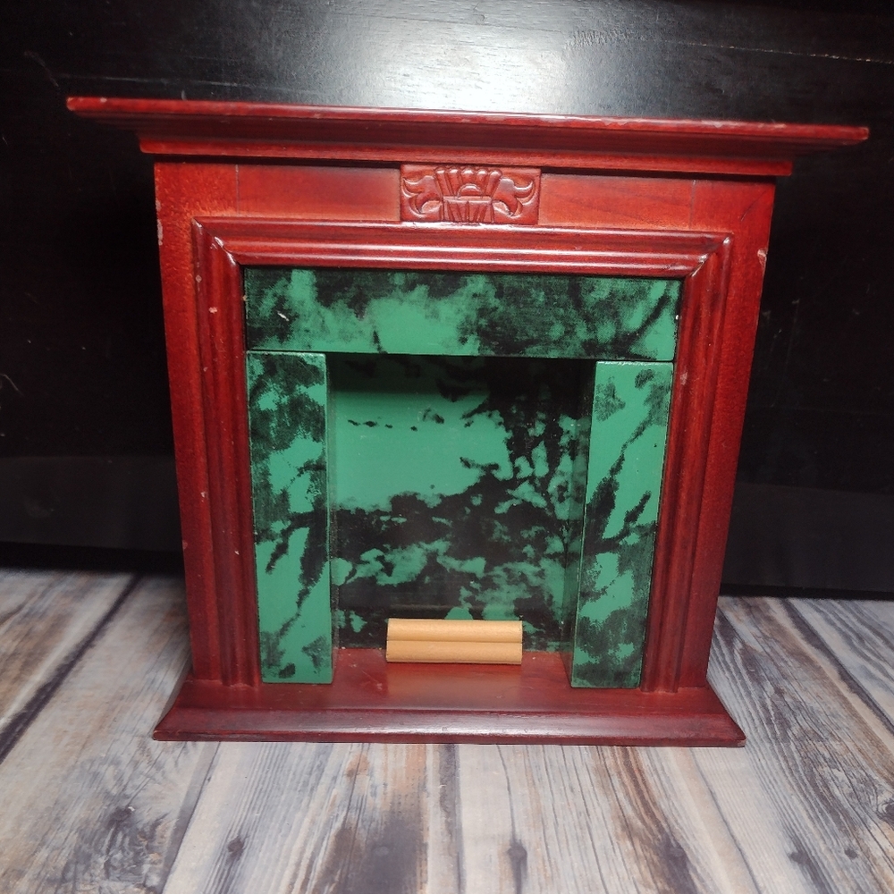Dollhouse Miniature Fireplace 1:12 Scale Wooden Green Marble With Framed Mirror